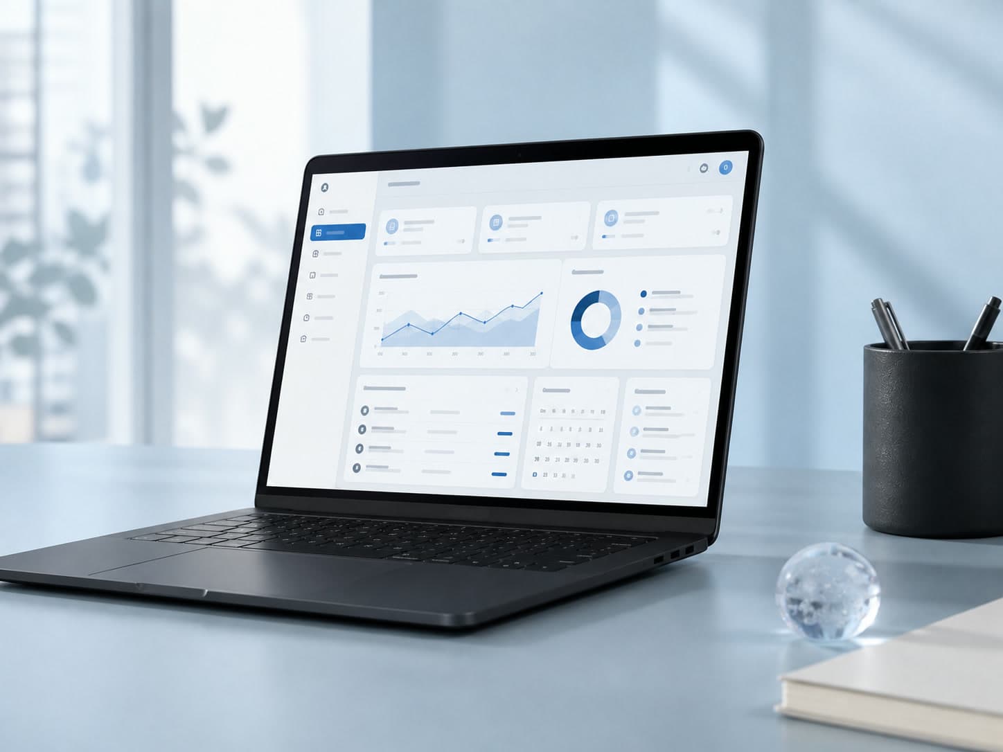 The Lucent Property & Rentals dashboard open on a laptop in a bright white workspace