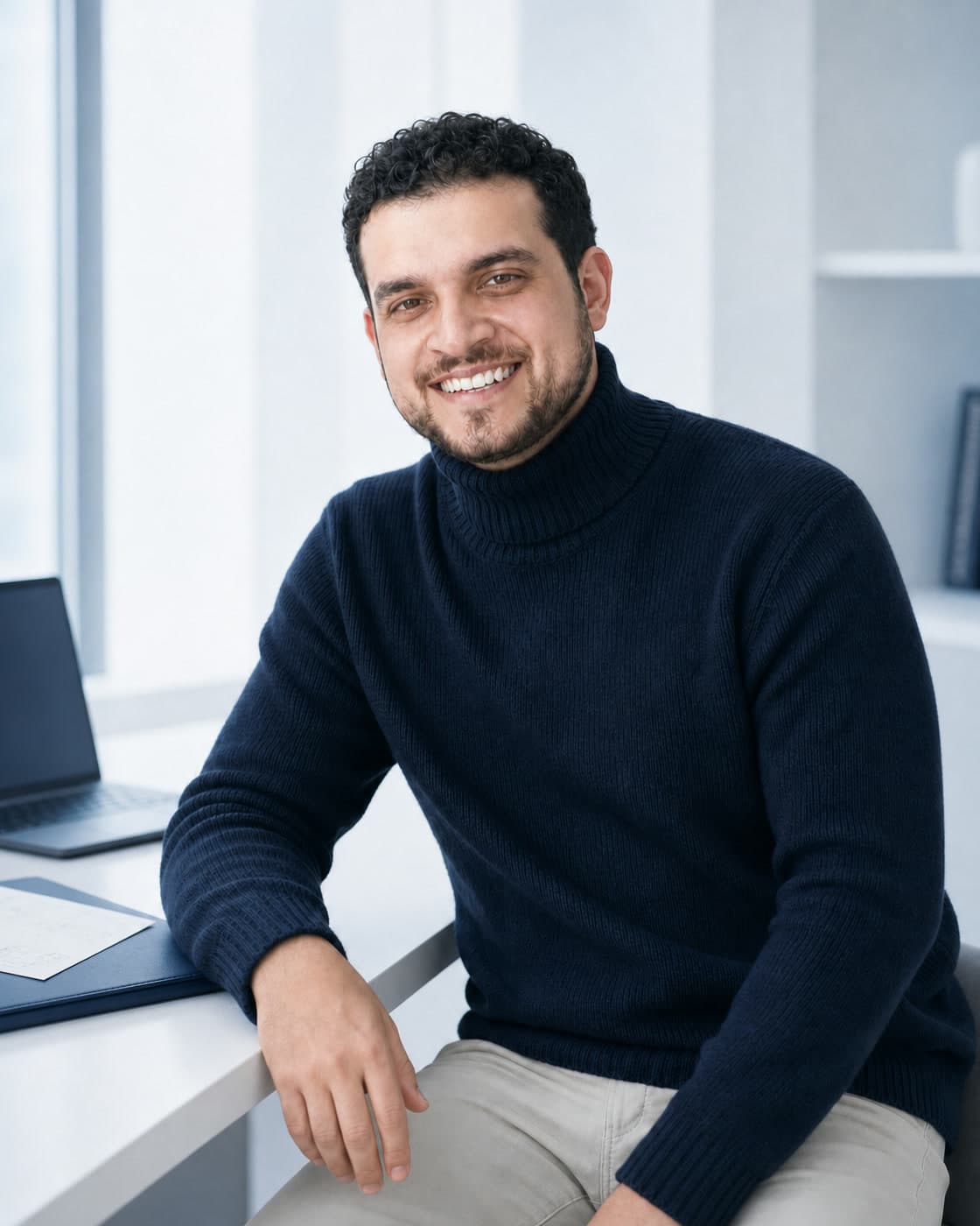 Portrait of the founder of Lucent at a bright desk
